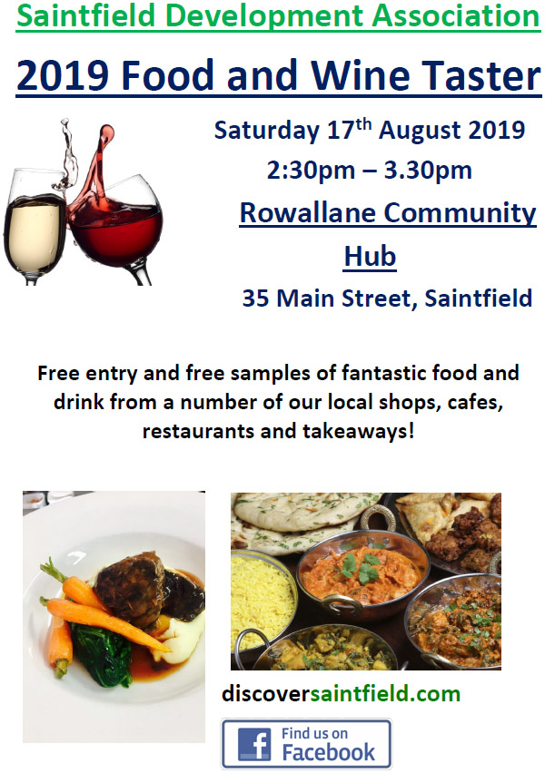 Food and Wine Taster Event in Rowallane Community Hub - Saturday 17th August 2019