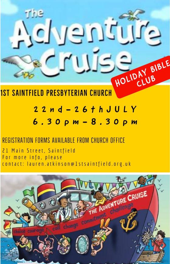 Holiday Bible Club in 1st Saintfield Presbyterian Church - 22nd to 26th July - 6:30 to 8:30