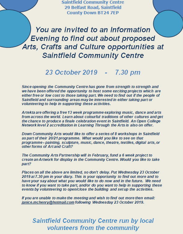 Arts, Crafts and Culture opportunities at Saintfield Community Centre